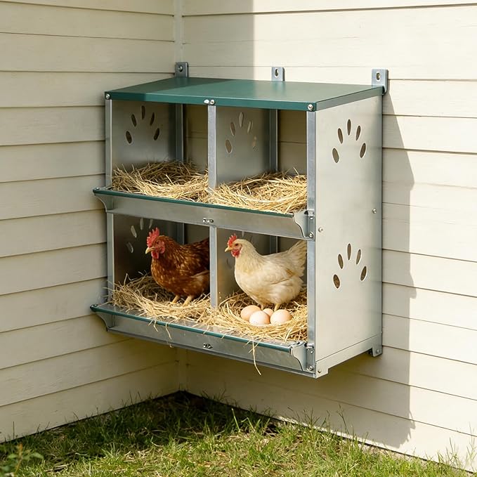 4 Compartment Metal Chicken Nesting Box, Roll Out Hen Laying Box for Easy Egg Collection, Wall Mount Poultry Nest Box for Backyard Chickens, Green, 22.05" L x 16.92" W x 25.59" H