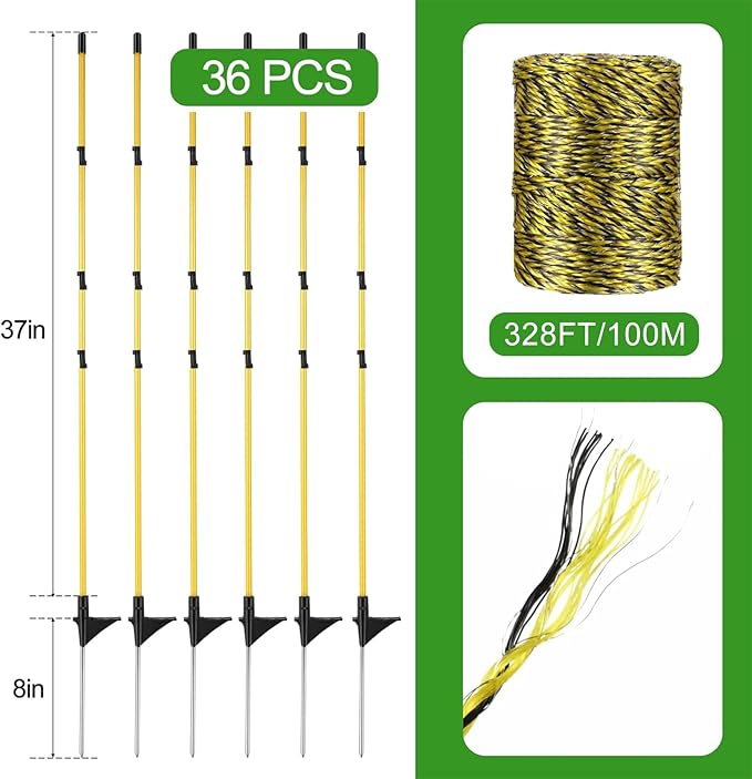 Sasylvia 36 Pcs 45 Inch Fiberglass Electric Fence Posts with 328 Feet Poly Wire, Easy Step-in Electric Fence Kit for Sheep, Lambs, Livestock in Garden, Backyard, Farm, Temporary Fencing(Yellow Black)
