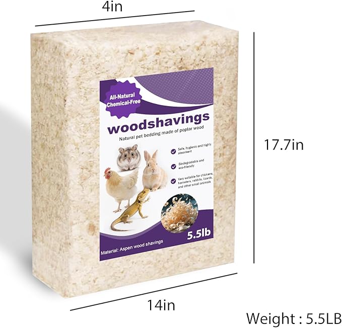 Natural Aspen Shavings Pet Bedding 5.5 Lb, Low-Dust & Chemical-Free, Ultra-Absorbent Cage Litter for Hamsters, Rabbits, Gerbils & Small Animals, Biodegradable Wood Shavings（70L Before Compression）