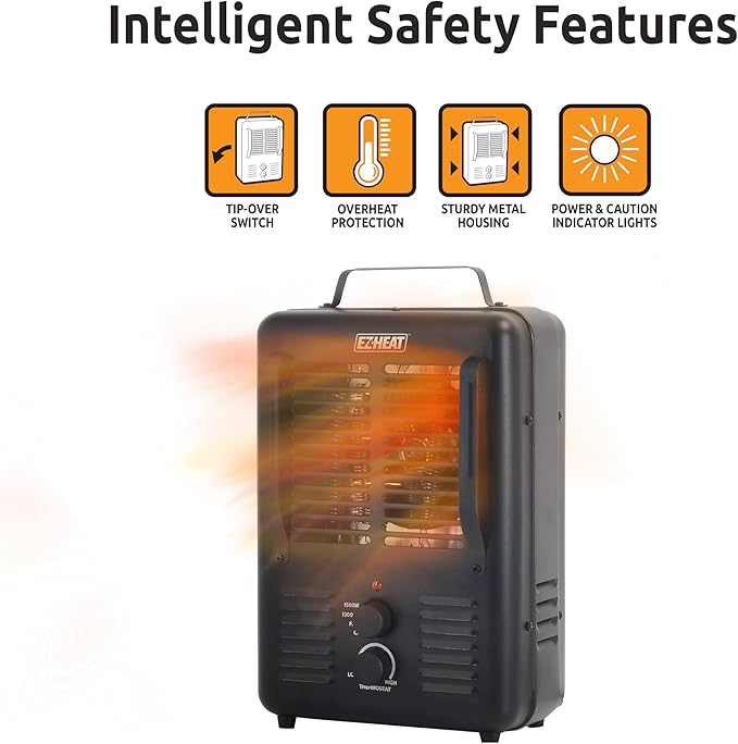 EZ-HEAT 1,500-Watt Portable Milkhouse Style Utility Space Heater with Adjustable Thermostat, Overheat Protection, and Safety Tip-Over Switch, Matte Black, MTFH-01C-MB