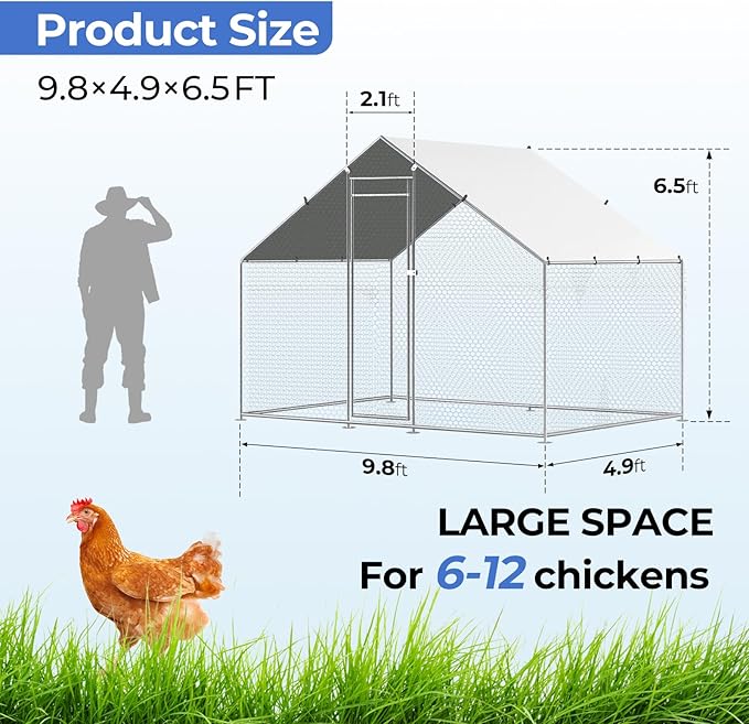 Chicken Coop Large Size for 6/12 Chickens with Waterproof Cover and Metal Wire Mesh Chicken Run Extra Hight Walk-in Chicken Pen Outdoor for Ducks Rabbits (9.8'L × 4.9'W × 6.5'H)