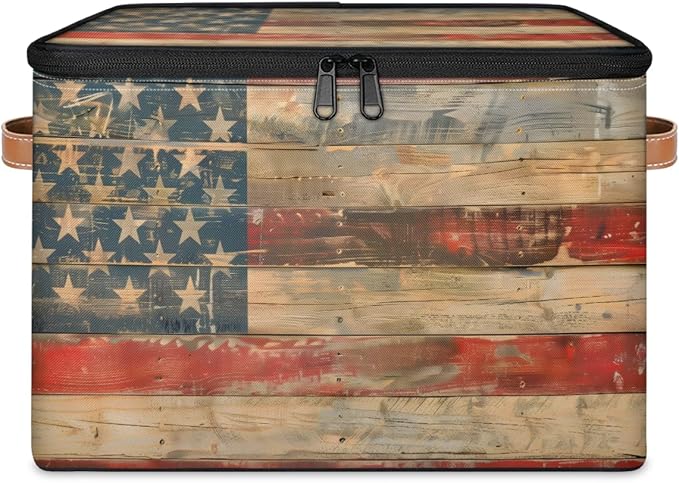 American flag Storage Bins with Zipper Lid, Vintage Wooden Lidded Storage Baskets Boxes Foldable Organizer with Leather Handles for Clothes Closet Shelf