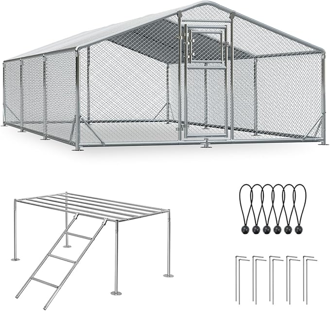 10x20FT Metal Chicken Coop, Dutch Door Chicken Run with Chicken Perch, Cover and Hardware Cloth, Walk in Duck Pen for Backyard Poultry and Pet Farming