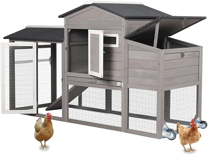 71" Chicken Coop Large Wooden Chicken Tractor - with Wheels Waterproof Outdoor Hen House Poultry Cage Back Yard Chicken Coops with Run, Laying Boxes and Secure Enclosure