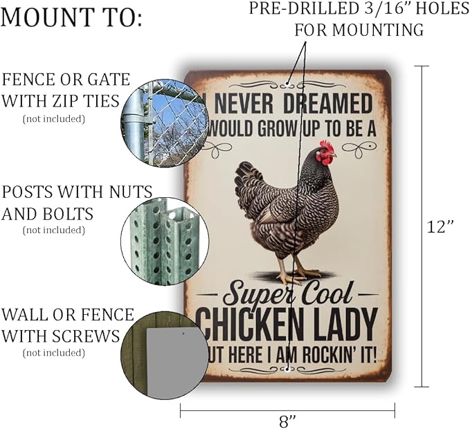 Cool Chicken Lady Sign – Funny Farmhouse Wall Decor, Vintage Metal Chicken Sign With Rustic Distressed Finish 8x12