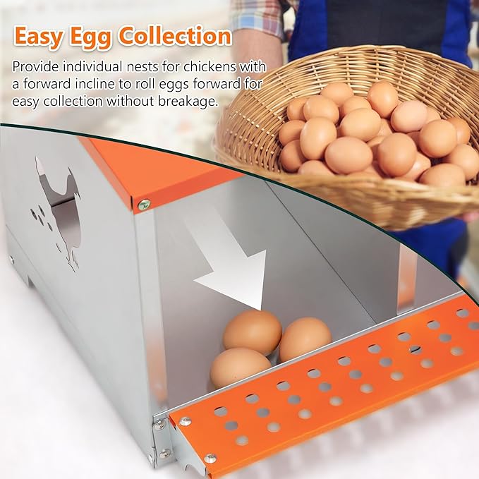 3 Bay Metal Nesting Box, Orange Wall Mount Chicken Nest for Hens & Ducks, Heavy Duty Galvanized Steel with Hen-Shaped Vents & Coconut Fiber Pad, Easy Tool-Free Assembly (Orange/Silver)