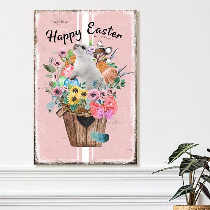 Wood Sign Plaque French Style Floral Pink Stripes Sign Happy Easter Flower Basket Bunny Wood Hanging Signs Farmhouse Easter Decor Happy Spring Wall Art Sign for Living Room 12x18in