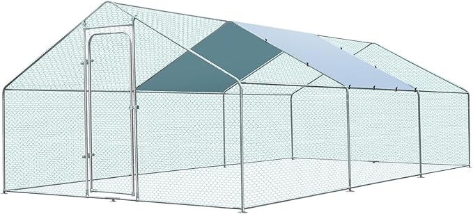 Walk-in Chicken Coop for 30-35 Chickens, Large Metal Chicken Run, Chicken Pen Outdoor W/Cover, Waterproof & Anti-UV, 19.7' D x 9.8' W x 6.4' H, Wire Mesh Poultry Cage for Yard #LYJL06JD-US