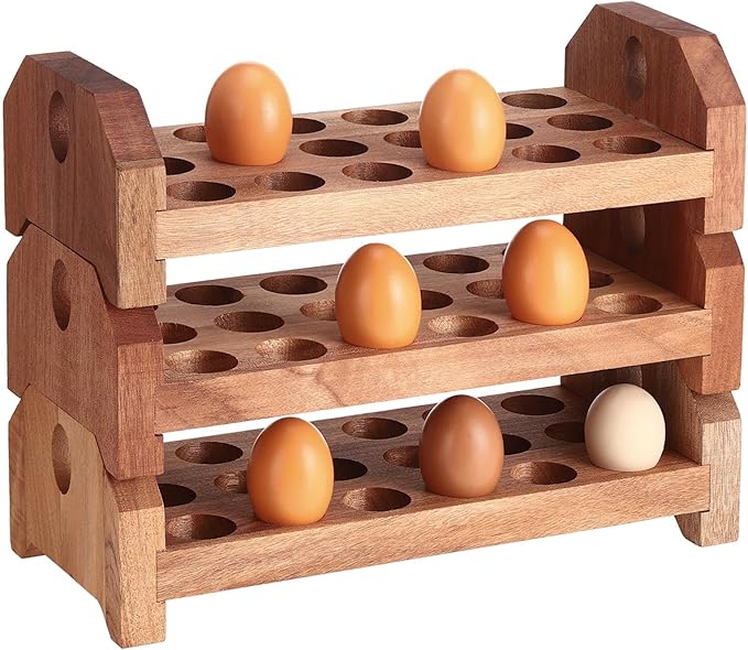 Patelai 3 Tier 54-hole Wooden Egg Holder Countertop Stackable Egg Storage Trays Organizer Eggs Container Rack for Rustic Home Kitchen Easter Decoration