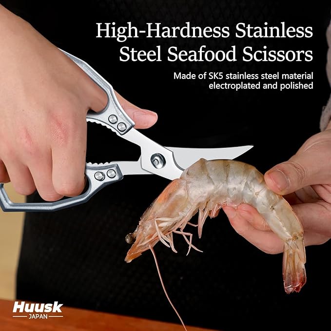 Huusk Silver Multi-Purpose Seafood Scissors - Easy to Take Apart for Thorough Cleaning -Sharp Kitchen Shears with Oversized Handles for Less Strain - for Crab, Shrimp, Christmas Gift for Men and Women