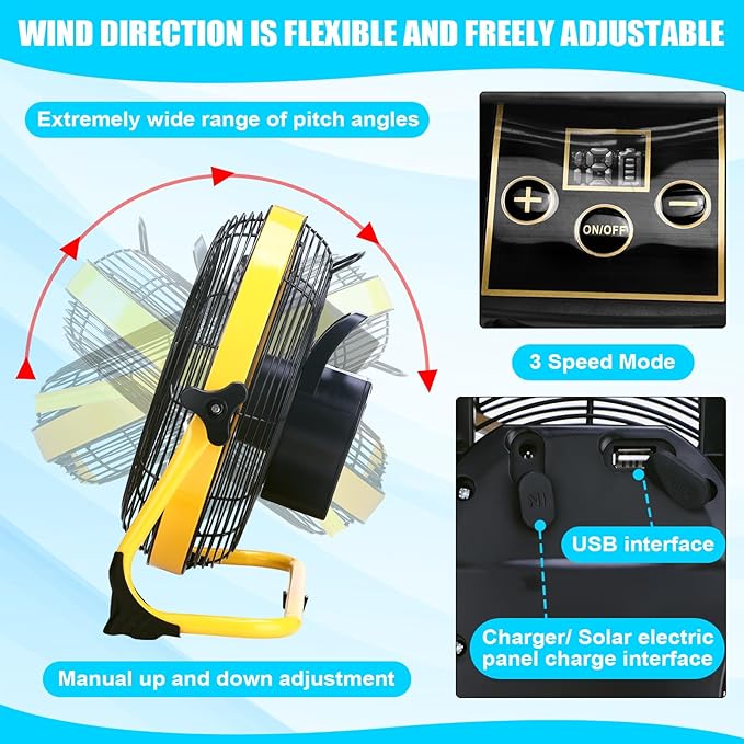 Sumind 12 Inch Solar Powered Fan 15000mah 20w Portable Ventilador Rechargeable Camping Fan Battery Powered with Panel and Light for Outside, Home, Travel, Chicken Coop, Shed, Greenhouse