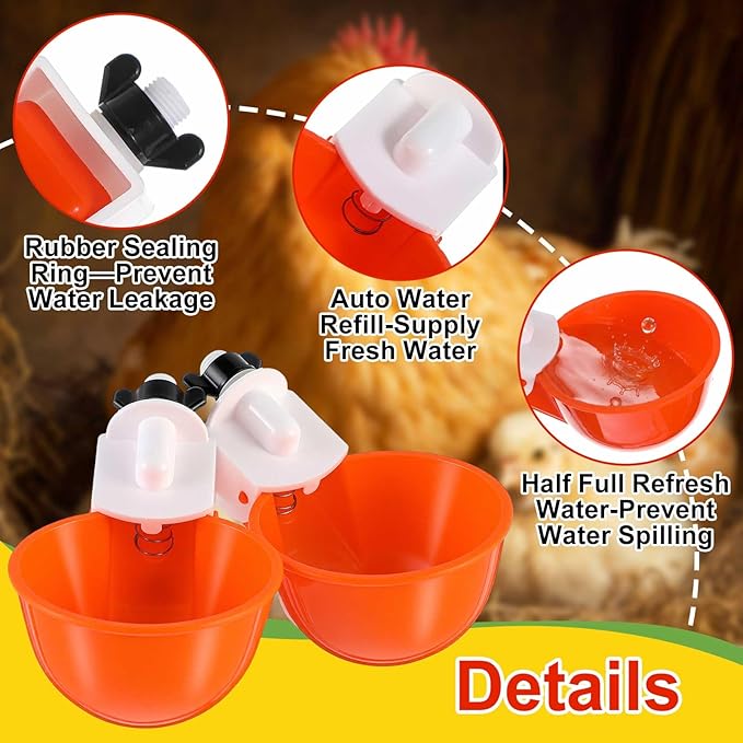 Tanlade 50 Packs Chicken Waterer Cups Large Chicken Feeder, Automatic Waterer Cups Kit for Poultry Chicks Duck Goose Turkey Bunny(Orange)