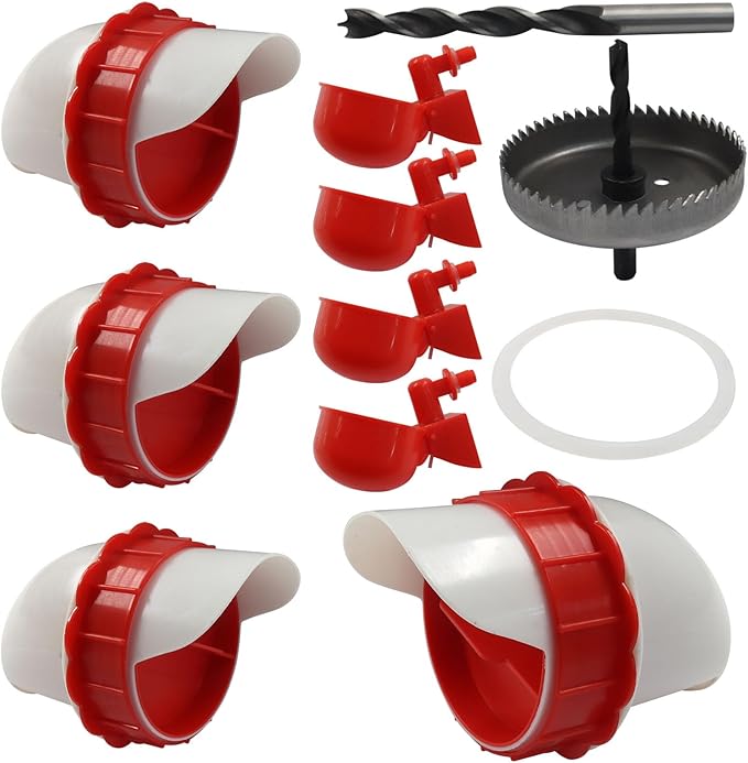 4pcs Chicken Feeder & Water Cups Kit with Hole Saw, Heavy Duty Rainproof & No-Waste DIY Automatic-Feeding Gravity System for Buckets/Troughs