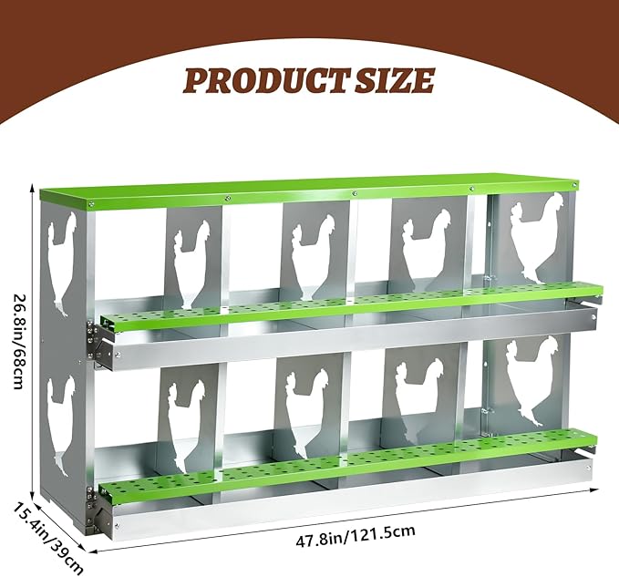 Chicken Nesting Box,Heavy Duty Metal Nest Boxes,8 Hole Roll Away Nesting Boxes,with Large Vented Holes,Wall-Mountable Chicken Coop Nesting Boxes,for Chickens,Ducks,Large Egg Boxes (Green 8 Hole)