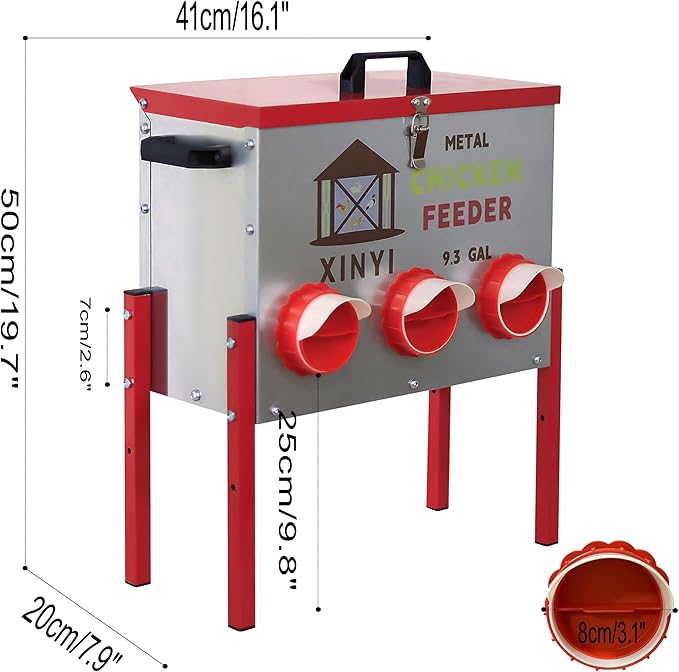 XINYI 9.3 Gallon Automatic Chicken Feeder, 6 Ports Gallon Chick Feeder No Waste with Adjustable Legs, Rodent Proof & Weatherproof Metal Raised Poultry Feeder