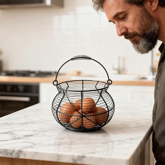 Egg Collecting Basket - Vintage Woven Wire Organizer, Chicken Egg Basket, With Handle Counter Ovum Holder | For Kitchen Counter Farmhouse Garden Harvest Fruit Vegetable Easter Festival