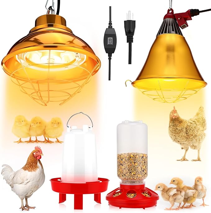 Chicken Heat Lamp Carbon Fiber Tube Brooder Heater Lamp for Chicks, Adjustable 2 Temperature Hanging Chicken Warmer Poultry Automatic Feeder and Waterer Kit for Newborn Livestock 175w/350w