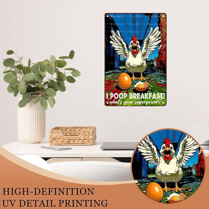 Funny Chicken Decorations for Kitchen Chicken Tin Sign Chicken Gifts 12X16InchI Poop Breakfast Whats Your Superpower 8X12Inch