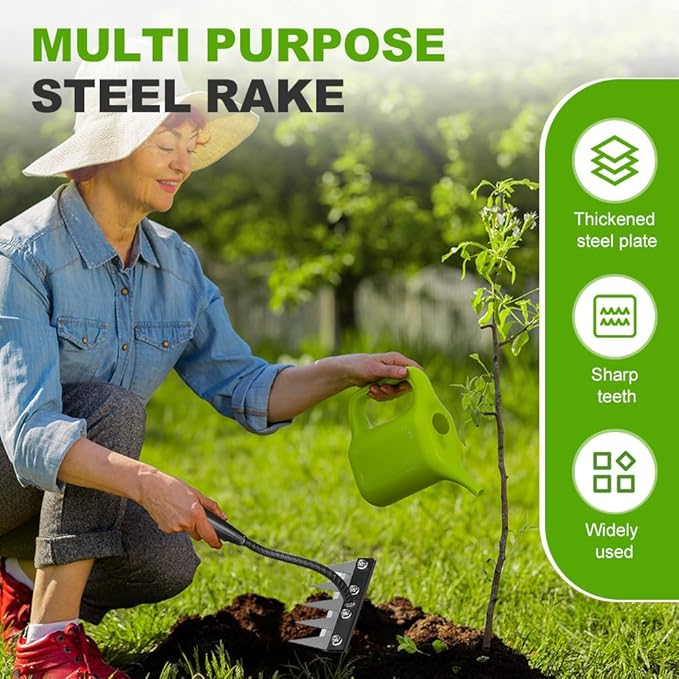 2026 New Iron Weeding Rake 2.0, 5/6/7/8 Teeth Carbon Steel Garden Weeding Rakes, Iron Rake for Gardening and Weeding, Heavy-Duty Garden Weed Puller Tool for Lawn Yard Gardens Farm (5Teeth)