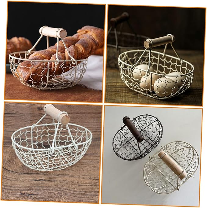 2pcs Rustic Iron Wire Basket with Wooden Handle, Multi-function Farmhouse Style Countertop Fruit and Egg Storage Organizer for Kitchen and Pantry