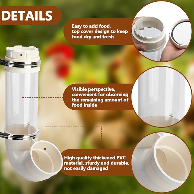 EBaokuup Visible Automatic Chicken Feeder-17 Inch PVC Pipe Poultry Feeders No Waste-Large Hanging Gravity Chicken Feeder for Coop Ducks Turkeys Geese(5.6 Pound)