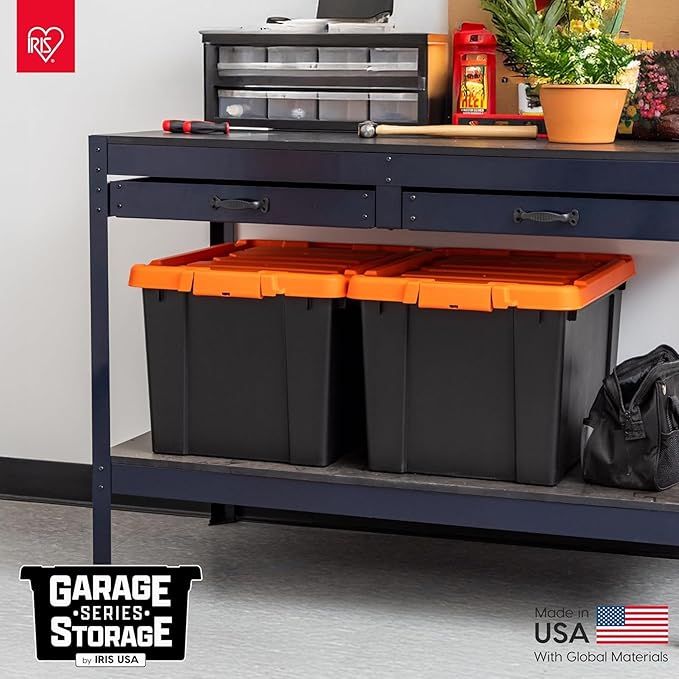 IRIS USA 4 Pack Lockable Storage Bins, Heavy Duty Stackable Containers with Lids for Garage Organization or Moving, 20 Gallon, Black/Orange