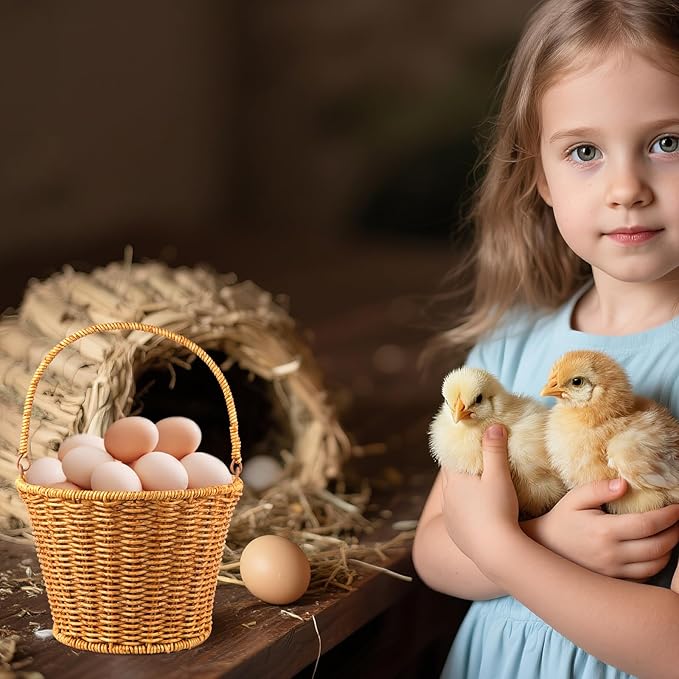 Farmhouse Rattan Egg Baskets for Gathering Fresh Eggs with Handle, 2 Pcs Handmade Egg Collecting Basket Vintage Style Fresh Egg Holder Countertop for Kitchen Storage Container Holder