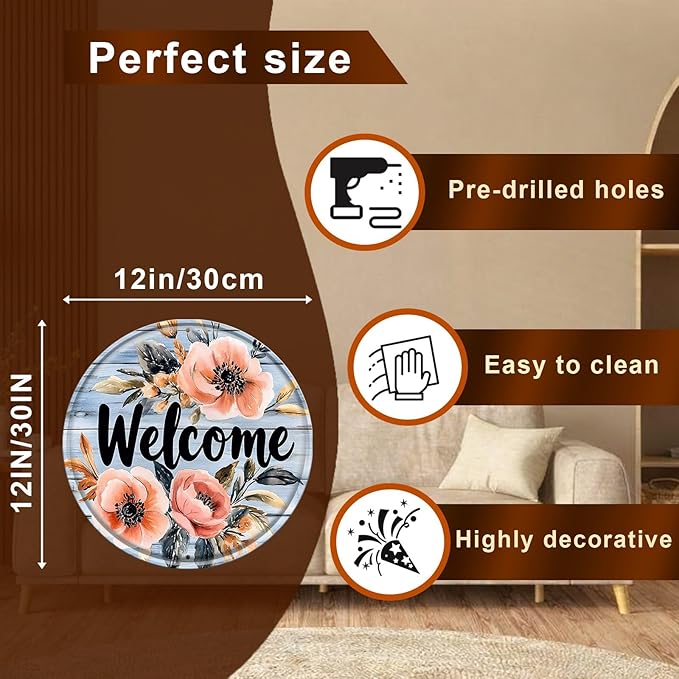 Round Welcome Aluminum Metal Tin Sign Wreath Vintage Farmhouse Wall Decor for Kitchen Backyard Home Outdoor Porch Gate 12x12inch