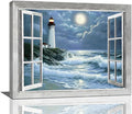 Lighthouse Nautical Wall Art Coastal Beach Pictures Wall Decor Ocean Canvas Prints Window Decorations Painting Framed Artwork Office Home Decor For Bathroom Bedroom Dining Living Room 20"x16"