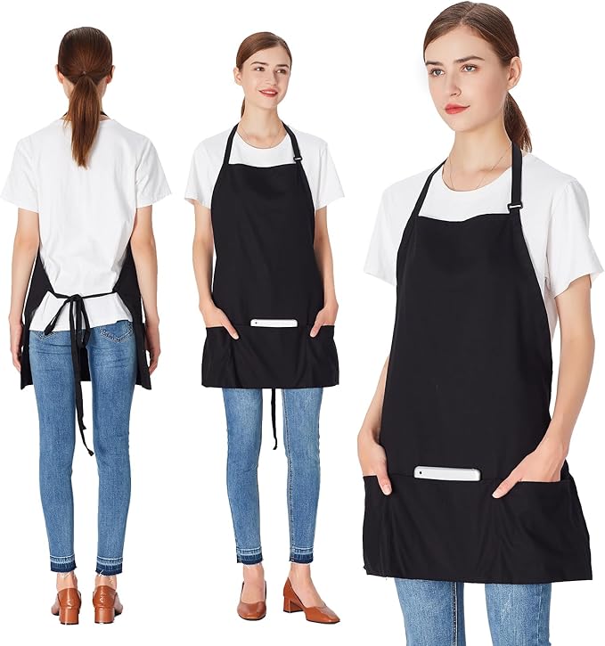 Jubatus 2 Pack 3 Pockets Adjustable Bib Apron 65% Polyester 35% Cotton Fabric Chef Kitchen Cooking Aprons for Women Men, Black