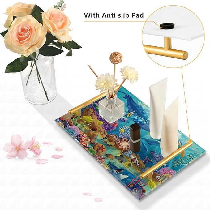 Bathroom Vanity Tray Counter Organizer, Vibrant Underwater Ecosystem Decorative Tray with Handles Countertop Storage for Bathroom Bedroom Kitchen Home Farmhouse