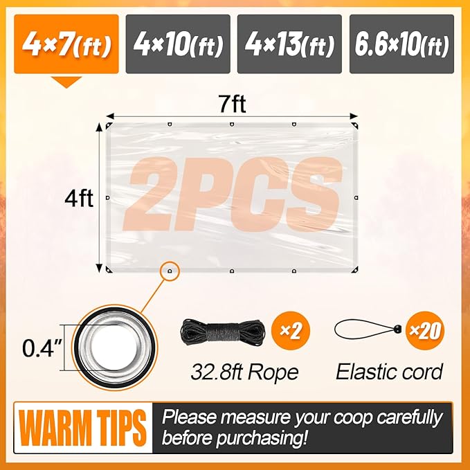 2pcs 4x7ft Chicken Coop Covers Accessories for Winter - Easy to Install Waterproof Chicken Run Tarp with Elastic Cords & Ropes