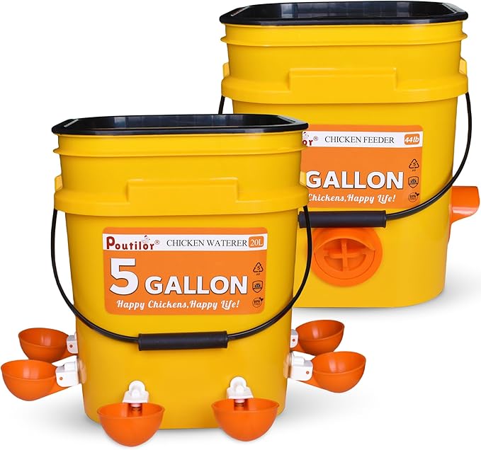 5 Gallon Automatic Chicken Waterer & 44 Lbs No Waste Feeder Set, Poultry Feeding Equipment with Buckets for Chicken Coop Accessories