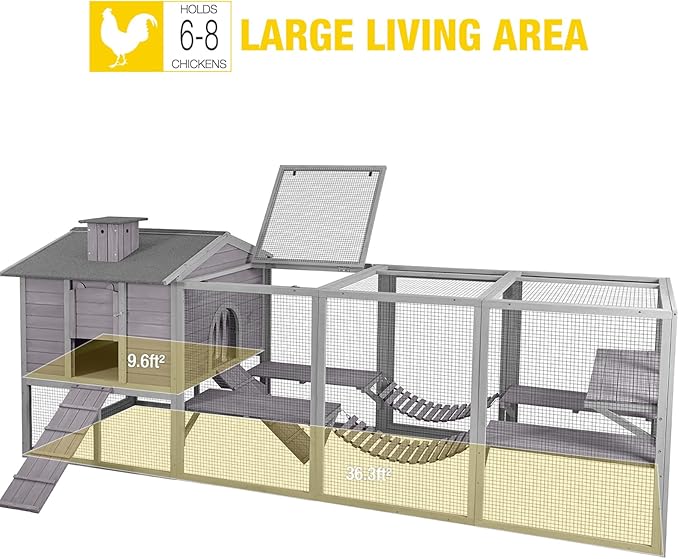 Large 2-Story Wooden Chicken Coop with Weatherproof Run & Canopy - Spacious Hen House for 6-8 Chickens, Rabbits, Ducks - Easy-Clean Design
