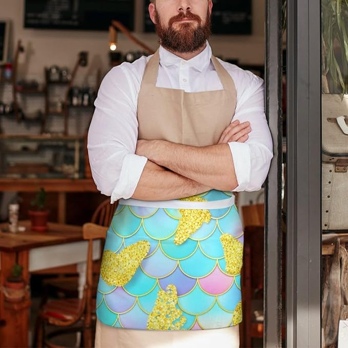 Server Apron with 3 Pockets Waist Waiter Waitress Half Apron Short Aprons