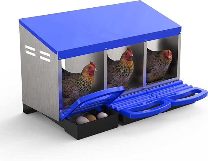 3 Room Chicken Nesting Boxes, 3 Compartment Metal Rollaway Nesting Box for Laying Hens with Cleanable Pull-Out Trays Wall Mount or Placed Design for Chicken Egg Layers