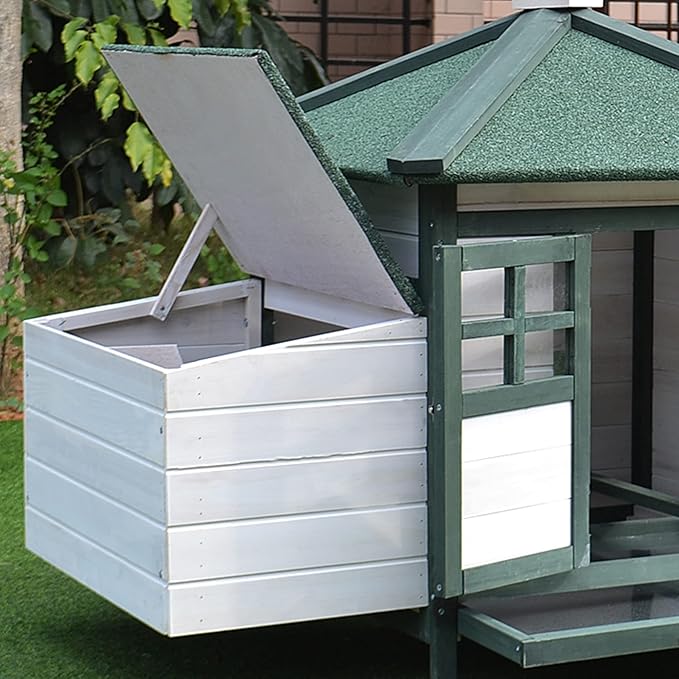 PawHut 77" Wooden Chicken Coop with Nesting Box, Cute Outdoor Hen House with Removable Tray, Ramp Run, for Garden Backyard, Green