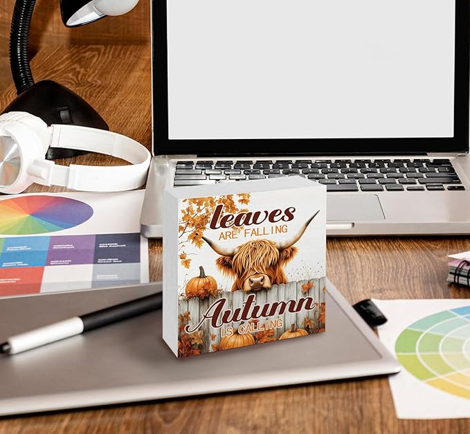 Fall Highland Cow Decor Sign -fall Decorations For Home, Farmhouse Leaves Are Falling Autumn Is Calling Pumpkin Table Signs For Home Bedroom Bathroom 5x5