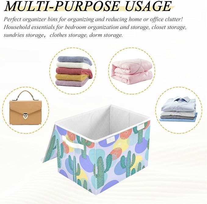 Colorful Cacti Circles Storage Bins with Lids Foldable Storage Basket with Handles Collapsible Large Fabric Organizer Containers for Clothes Shelves Closet Office Home