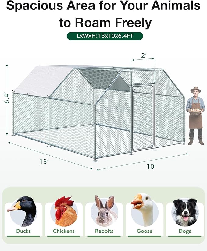 Esright Metal Large Chicken Coop Run for Yard with Cover, 13x10x6.4 FT Walk-in Chicken Pen for Outdoor, Backyard, and Farm, Hen Cage House Suitable for 8-12 Chickens, Flat Roof