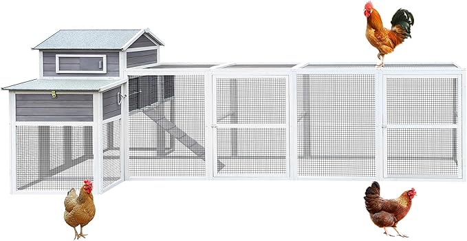 Large Wooden Chicken Coop Outdoor Hen House with Nesting Box，Walk-in Poultry Cage with Secure Locks, Metal Mesh Run for Backyard Farm Use (Gray 150")