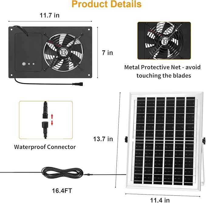 Solar Exhaust Fan with Battery and 3H/6H Timer, High Speed IP65 Waterproof Solar Powered Ventilation Fan for Chicken Coop, Greenhouse, Dog House and Shed, Low Noise (16.4FT Cord, 1 Pack)