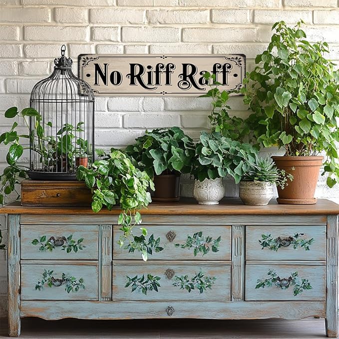 Rustic Novelty Room Decorative Sign - ''No Riff Raff'' Metal Sign, 16x4 Inch - Vintage Art Sign For Home, Bathroom, Yard, Bar or Cafe, Garage Hanging Decor, Room Decor