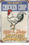 Personalized Chicken Coop Sign Custom Name Rise And Shine White Rooster Metal Tin Wall Art Rustic Farmhouse Decor Backyard Barn Garden Gift For Poultry Lovers