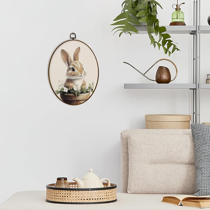 dvhdajed Easter Bunny Oval Wall Art Decor,Vintage Farmhouse Bunny Framed Canvas Art,Rabbit Nursery Decorations,Spring Rabbit Farm Animal Oval Wall Hanging Decor for Nursery Living Room, 8.7x11.3 Inch