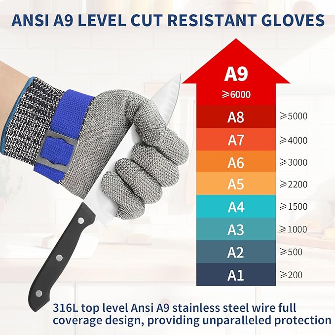 SMONT A9 Cut Resistant Gloves, Stainless Steel Metal Mesh Cut Glove for Oyster Shucking Butcher Mandolin Whittling Meat Fish Cutting Wood Carving Knife Proof L