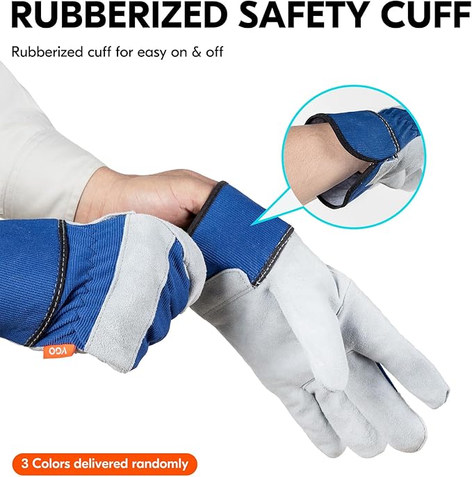 Vgo... Leather Palm Work Gloves for Men, Gardening Gloves, Builder Gloves (3 Pairs,Size L, 3colors, CB3501)