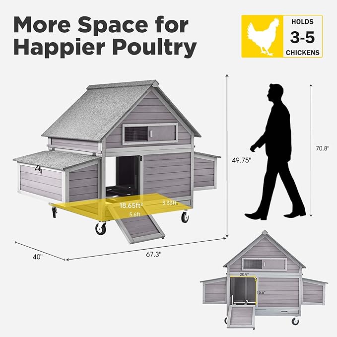 Aivituvin Chicken Coop with Wheels Large Poultry House with Two Nesting Boxes Outdoor Wooden Hen cage