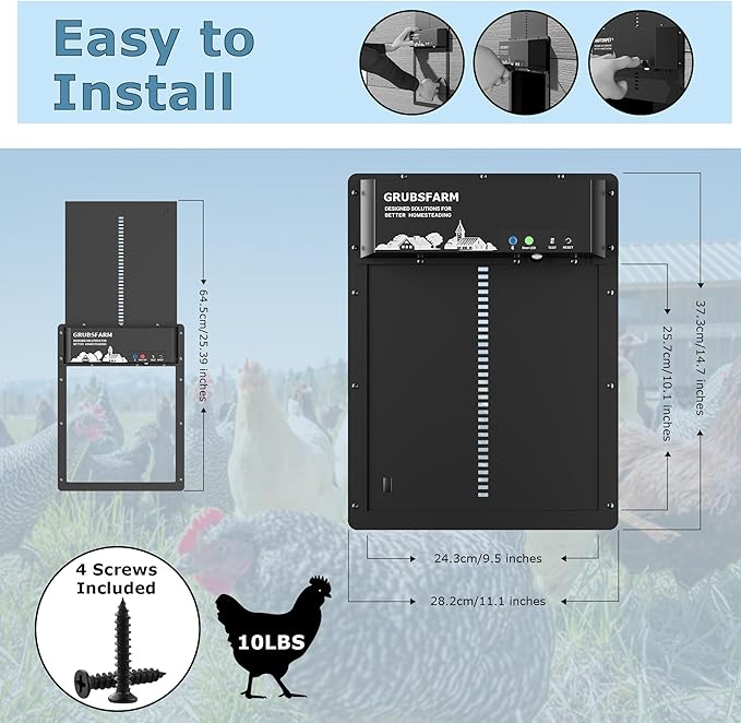 Automatic Chicken Coop Door - Programmable with App Timer, Solar/Battery/Grid Powered, Multi Anti-Pinch - Resistance Detection & Motion Sensor, Plug & Play Electric Door, Weatherproof
