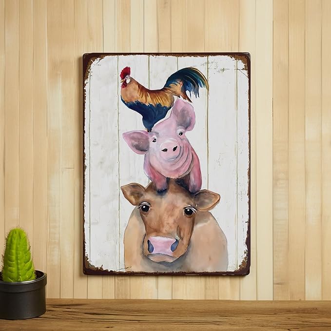 Rustic Farm Animals Metal Sign Chicken Pig Cow Vintage Style Wall Decor for Farmhouse 12x8 Inches